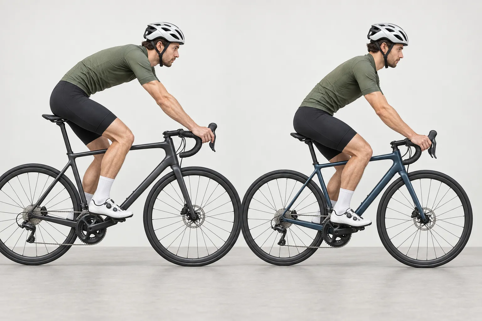 Side-by-side road cyclists showing an over-stretched position on a larger bike and a more balanced reach on a smaller endurance bike