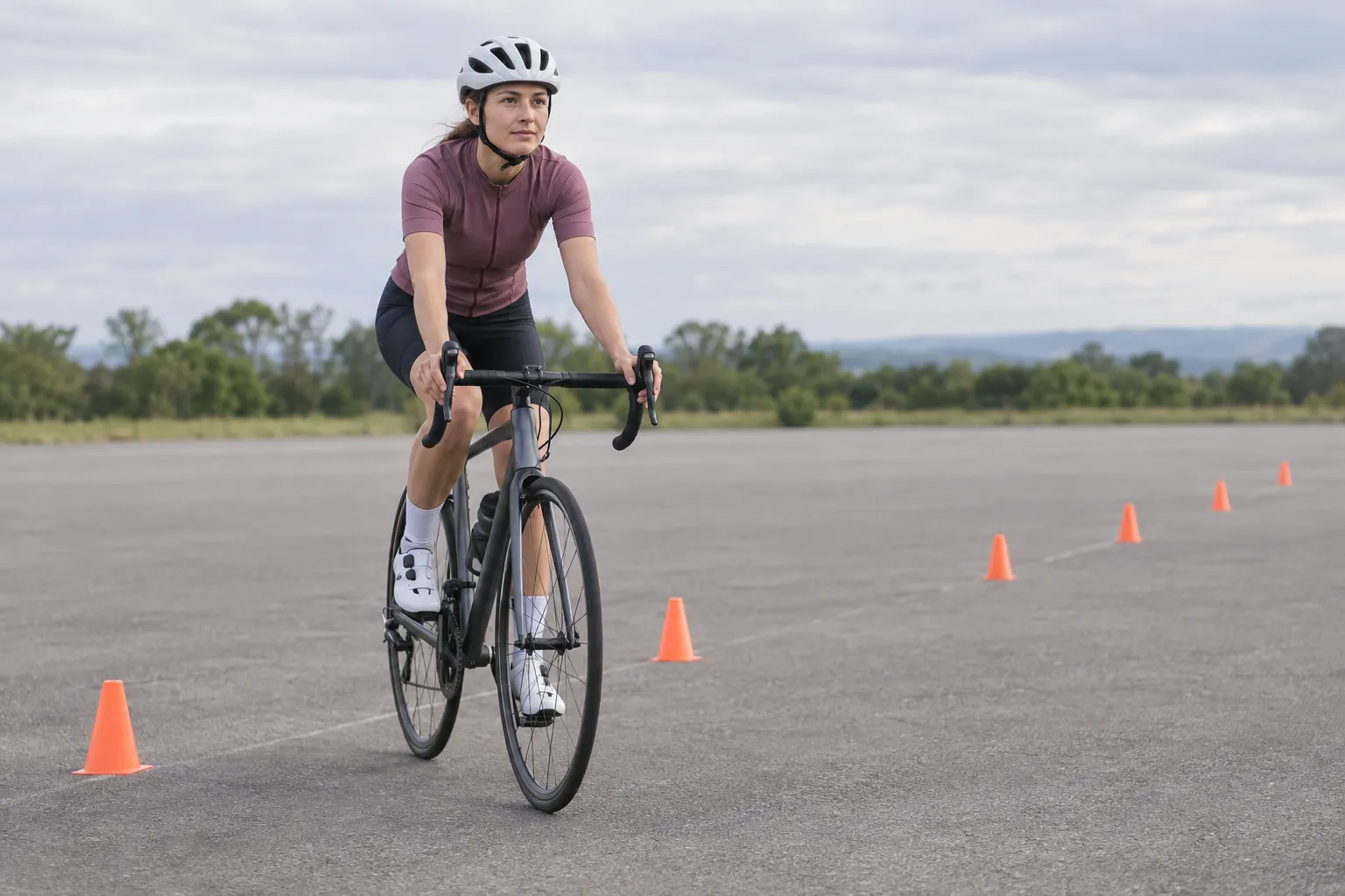 A helmeted beginner road cyclist practises a relaxed straight line between widely spaced cones in an empty paved area