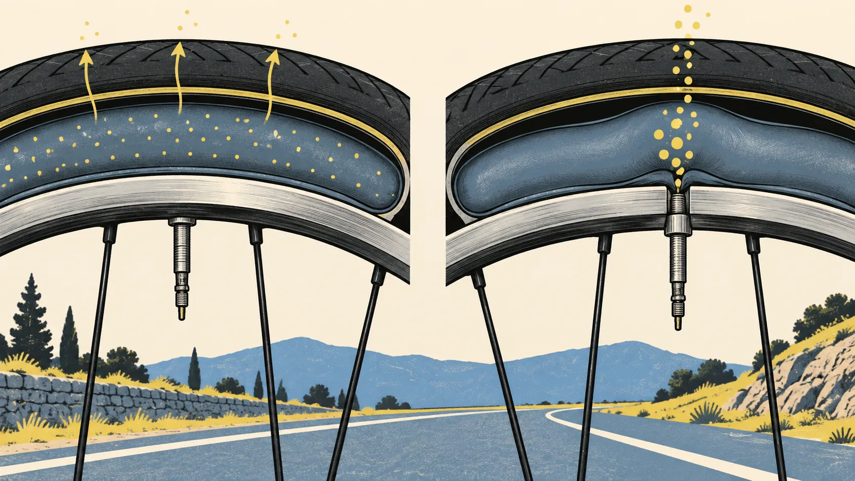 Cutaway comparison of gradual air diffusion through a road-bike tube and concentrated air bubbles from a slow leak near a valve