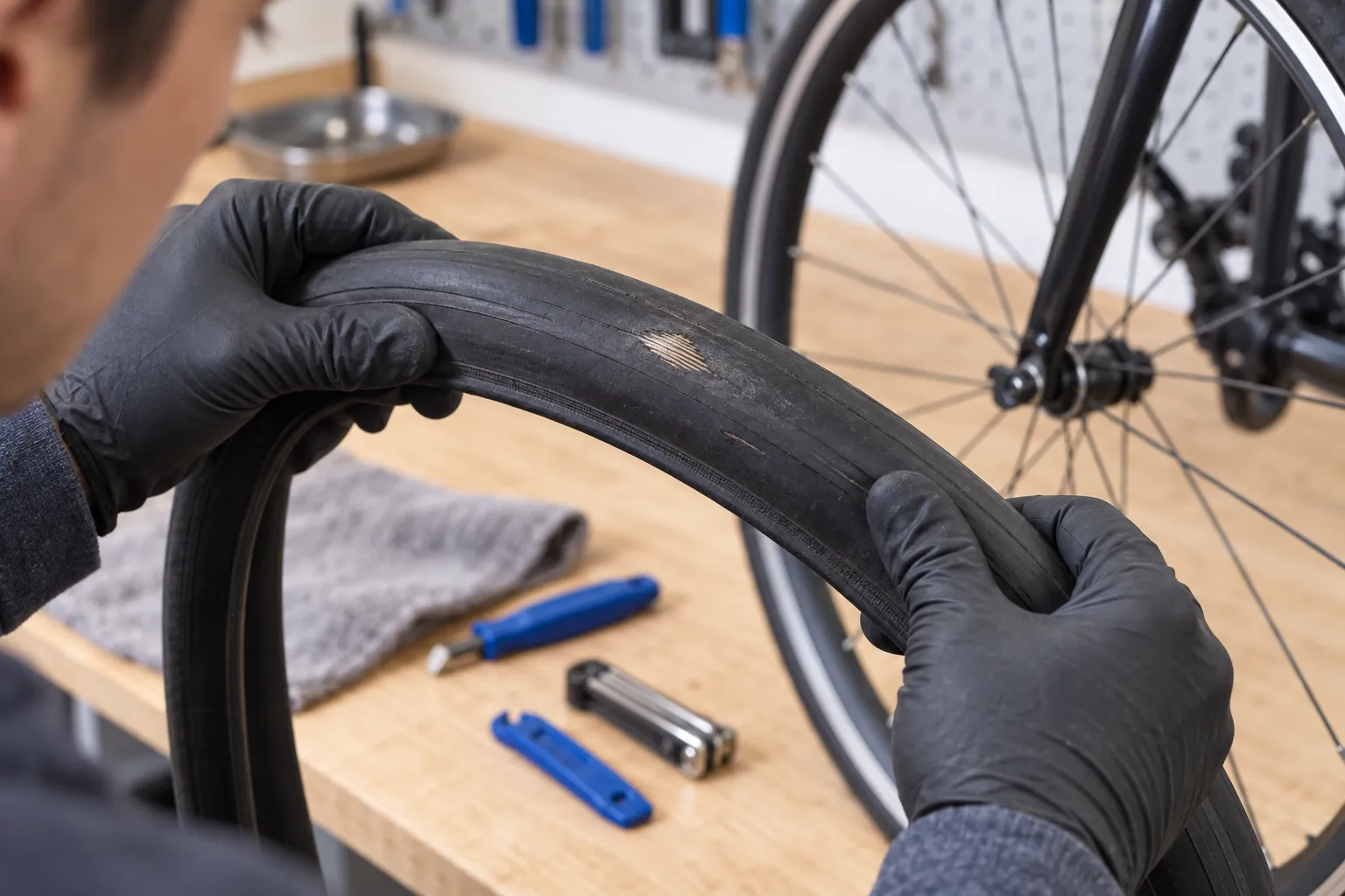 Gloved hands inspecting a removed road bike tyre with a flattened centre, small cuts and a patch of exposed casing fabric