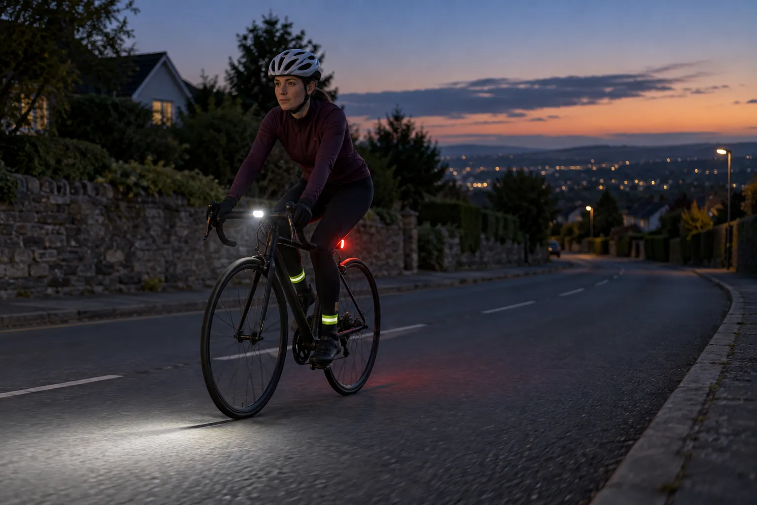 A helmeted road cyclist rides at dusk with a white front light aimed onto the pavement, a red rear light, and reflective ankle bands