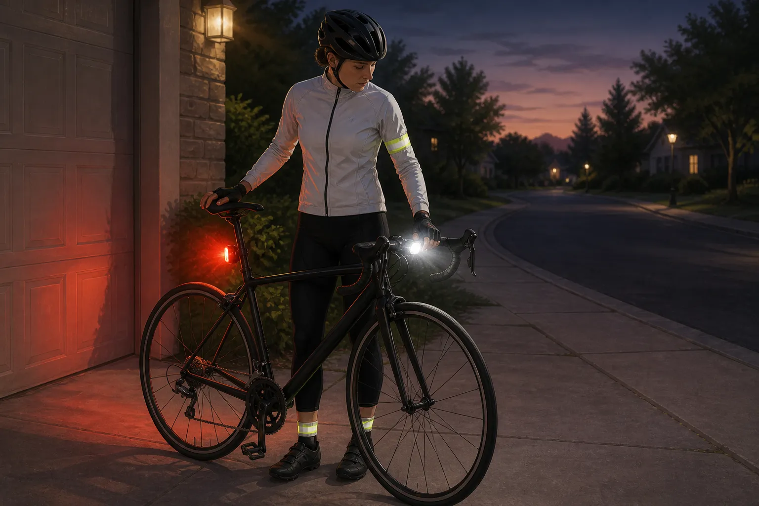 A helmeted road cyclist checks a white front light, red rear light, reflective ankle bands, and visible clothing beside a road bike at dusk before riding