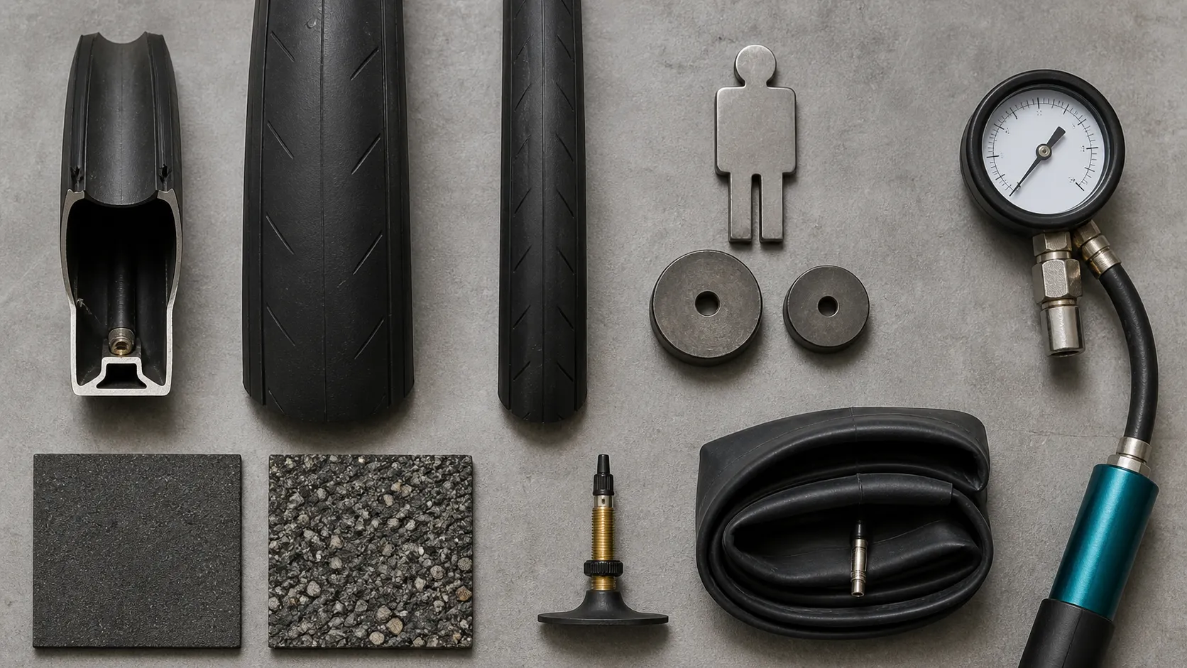 A flat lay of road bike tyres, a rim cross section, inner tube, tubeless valve, gauge, surface samples, and weight shapes showing factors that affect tyre pressure