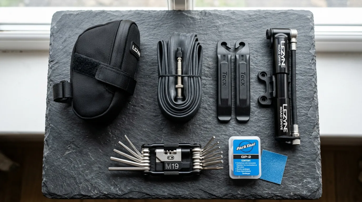 Roadside cycling repair kit layout featuring a compact saddle bag, inner tube with Presta valve, tyre levers, mini pump, folding multi-tool, and patch kit on a dark stone surface