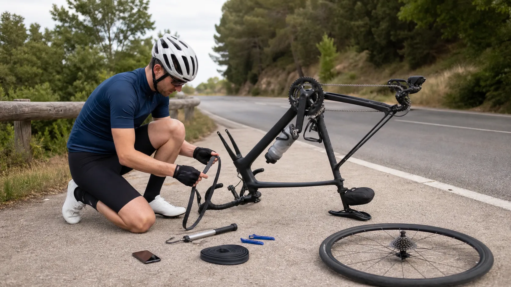 A road cyclist's bicycle set up safely off the road on a grass verge with mini pump, spare tube, tyre levers, and multi-tool placed clearly on a cloth