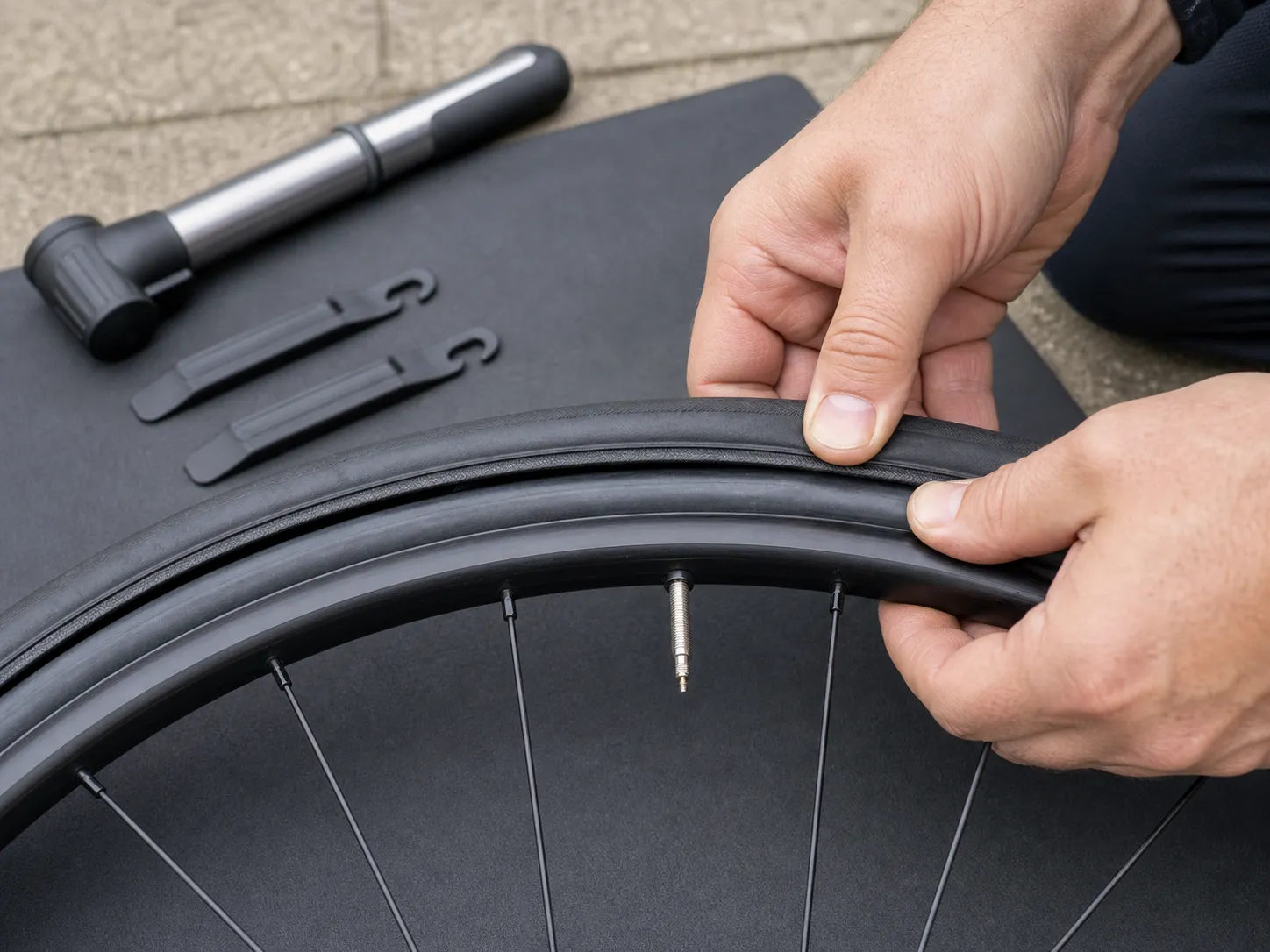 Close view of hands pressing a road-bike tyre bead onto a rim with a lightly inflated inner tube inside, a straight Presta valve, mini pump, and plastic tyre levers nearby