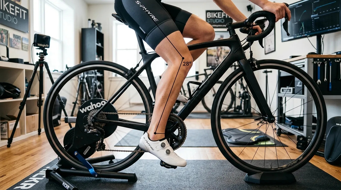 Side view of a cyclist on a road bike showing the optimal 25 to 35 degree knee flexion angle at bottom dead center of the pedal stroke