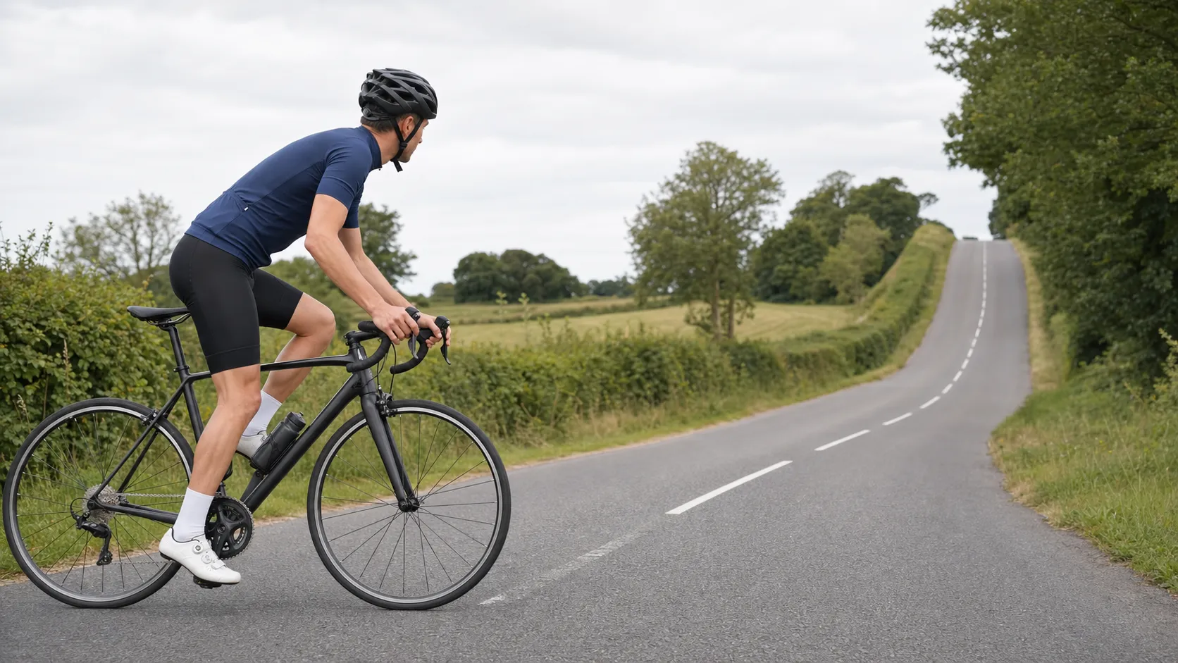 A road cyclist preparing to shift before reaching a quiet hill