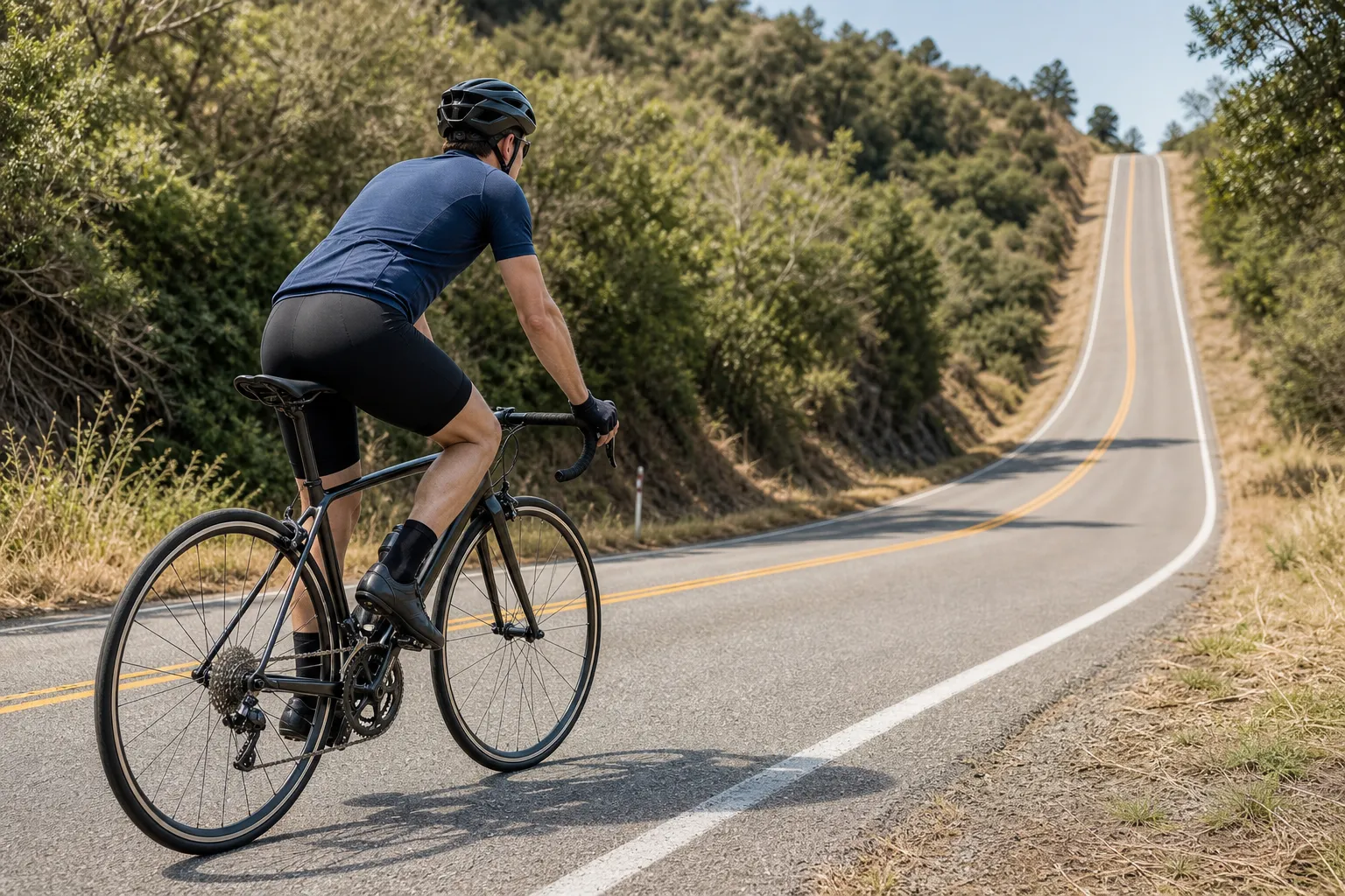 A helmeted road cyclist approaches a steep hill on an unbranded road bike while seated and relaxed, with the road rising ahead