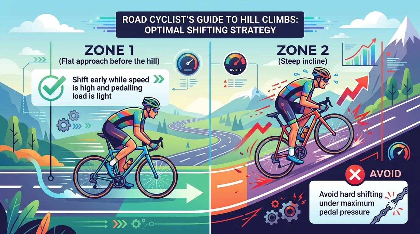 Infographic illustrating zone 1 flat approach for early shifting versus zone 2 steep slope where shifting under heavy load should be avoided