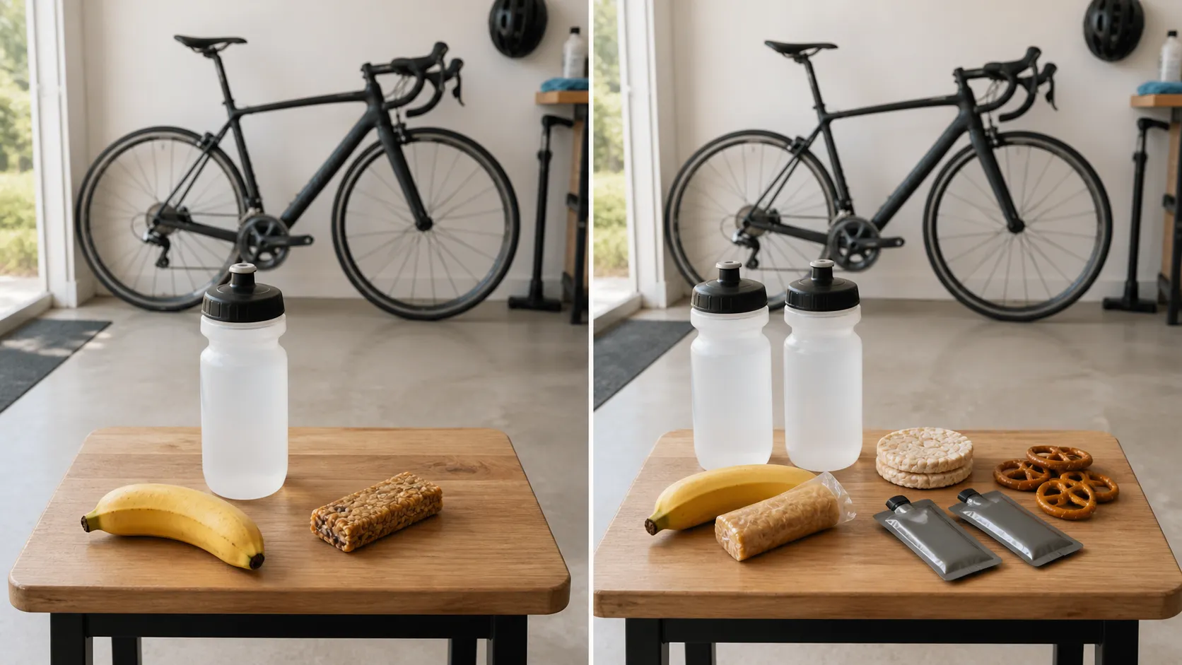 Two beginner cycling fuel setups: a short ride with one bottle and simple snack, and a longer ride with two bottles, several snacks, and optional unbranded gels