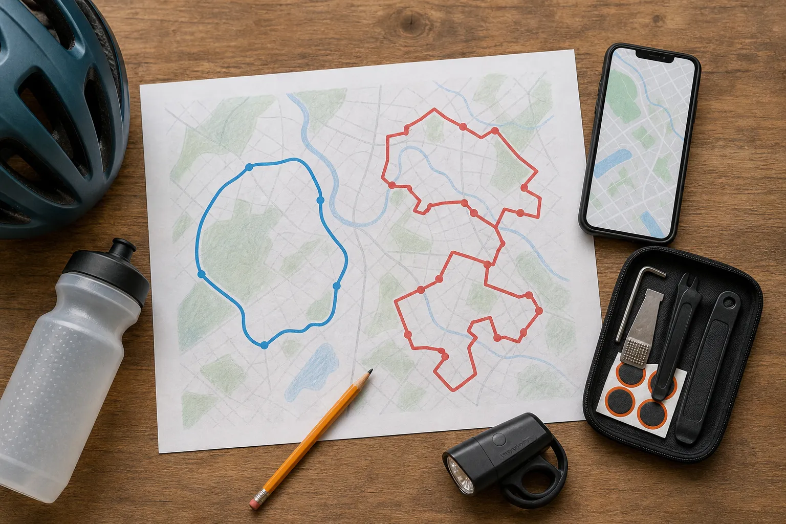 Overhead route-planning scene with one short simple loop and one longer complicated line drawn on a text-free map beside a helmet, water bottle, light, phone, and repair kit
