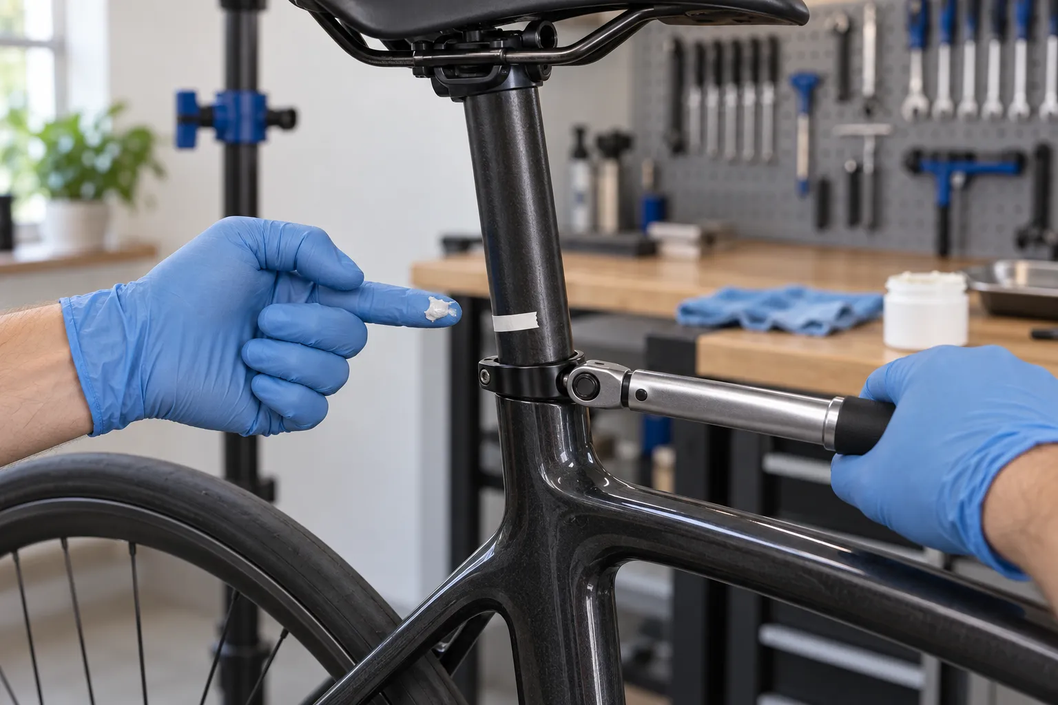 A marked carbon road-bike seatpost at the frame clamp while a mechanic uses a torque wrench and prepares a small amount of assembly compound