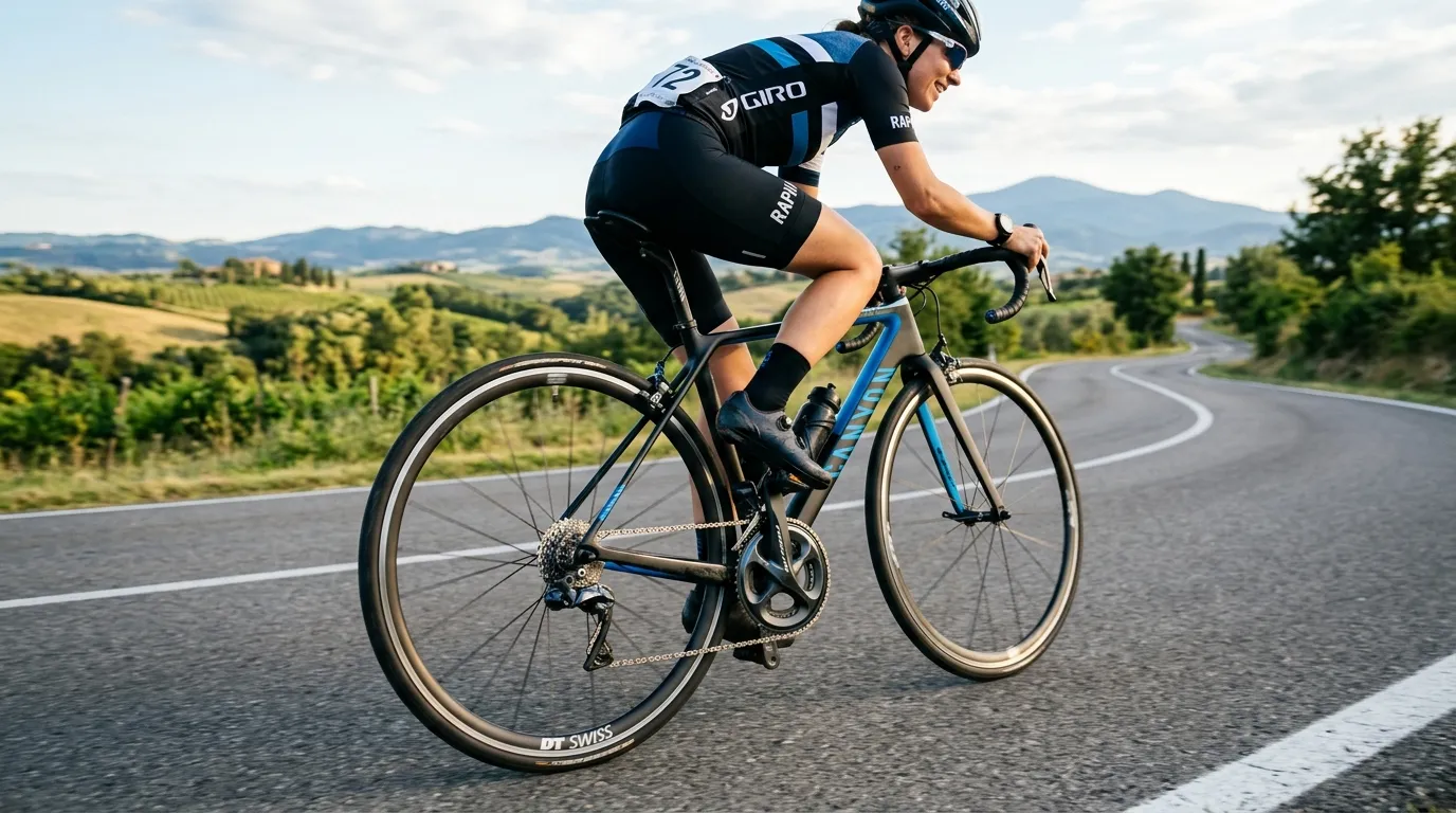 A road cyclist easing pedal pressure while shifting into an easier chainring before a hill