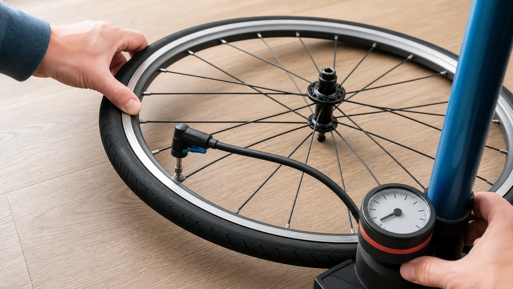 A detached road bike front wheel with a Presta valve connected to a floor pump gauge while a hand gently squeezes the tyre tread
