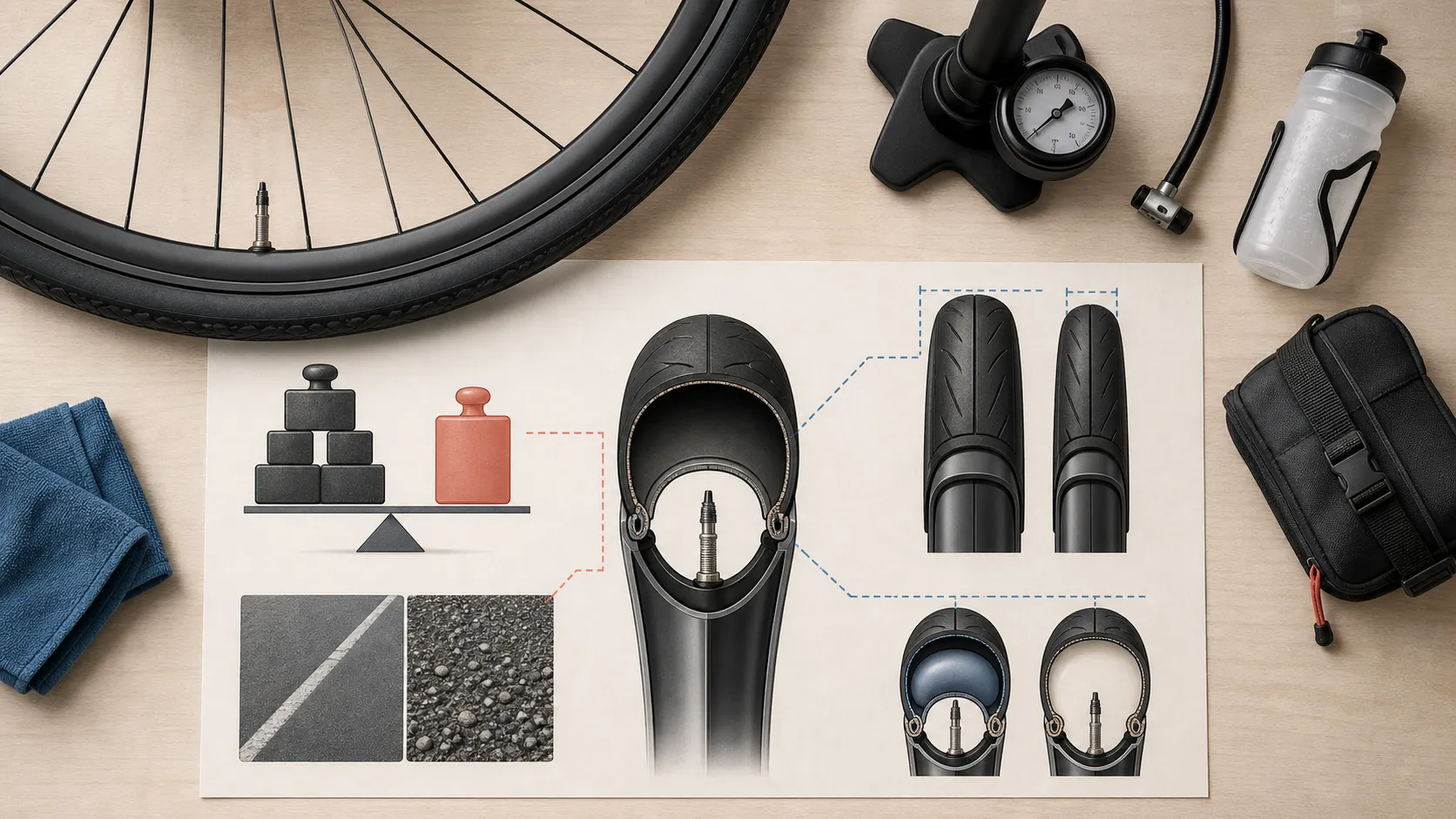 Flat-lay of a road bike wheel, tyre cross-section, pump, surface samples, tyre width comparison, and weight blocks showing factors that affect tyre pressure