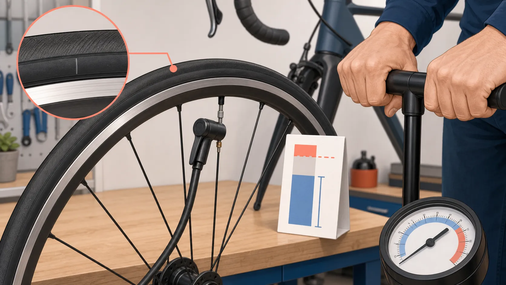A road bike tyre, Presta valve, floor pump, and gauge showing the tyre sidewall maximum as a limit rather than the riding target