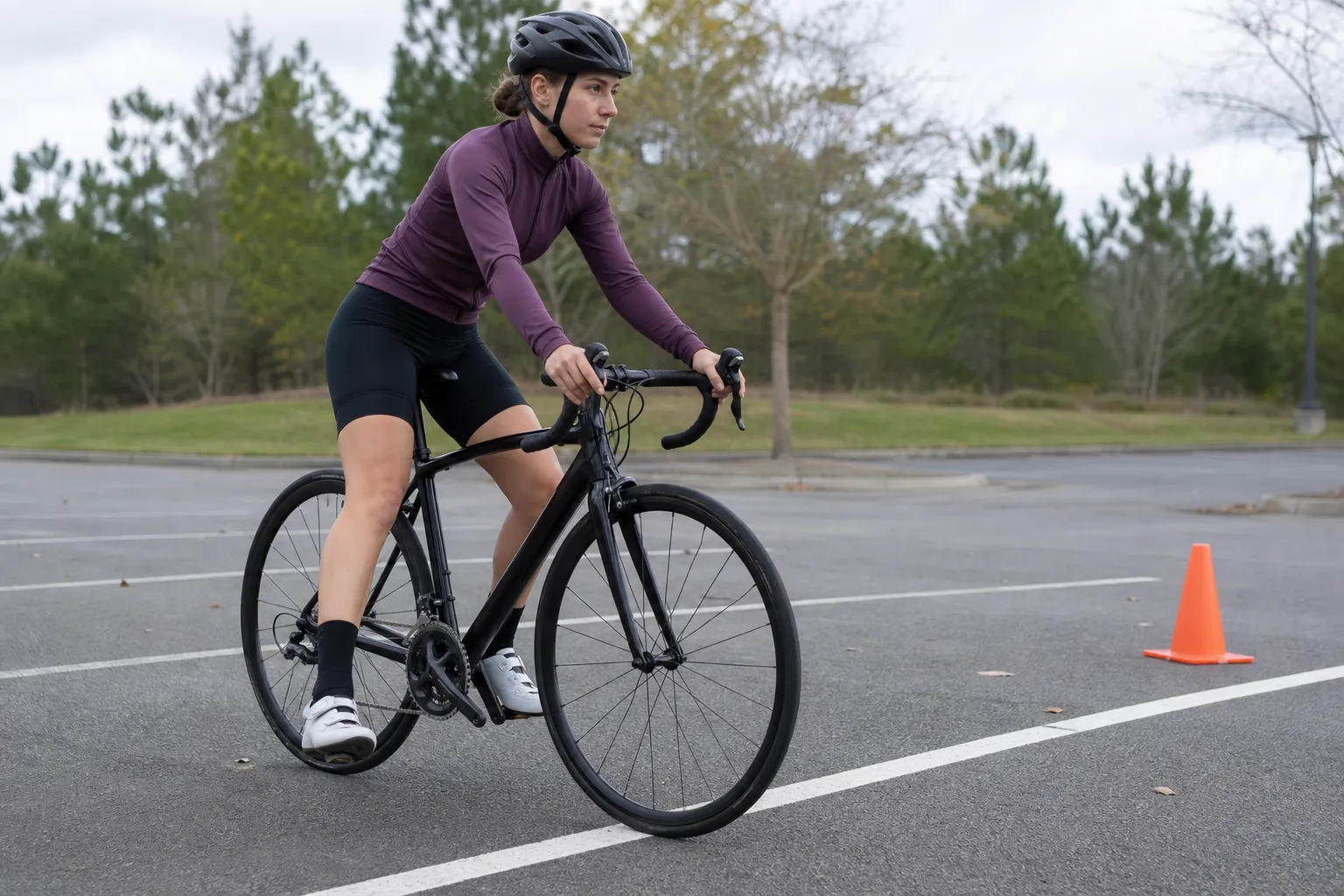 A helmeted road cyclist practises unclipping one foot before a painted stop line in an empty car park with both hands on the brake hoods