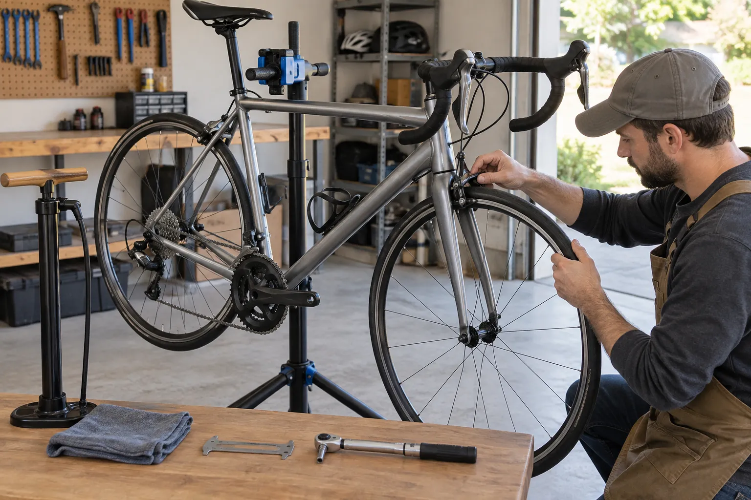 A mechanic checking the front brake and wheel of a used road bike during a baseline service
