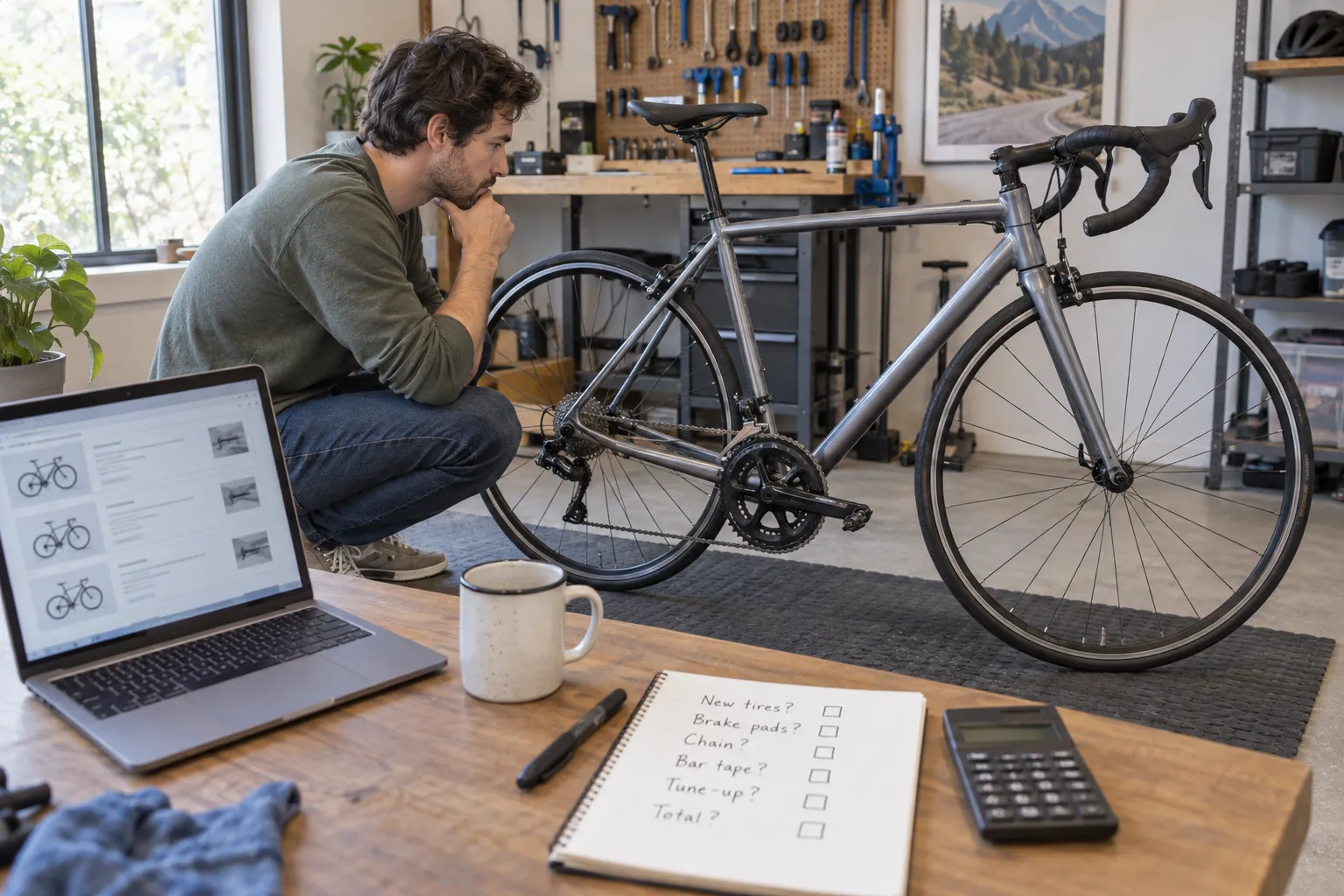 A buyer comparing a used road bike with online listings and a repair-cost checklist