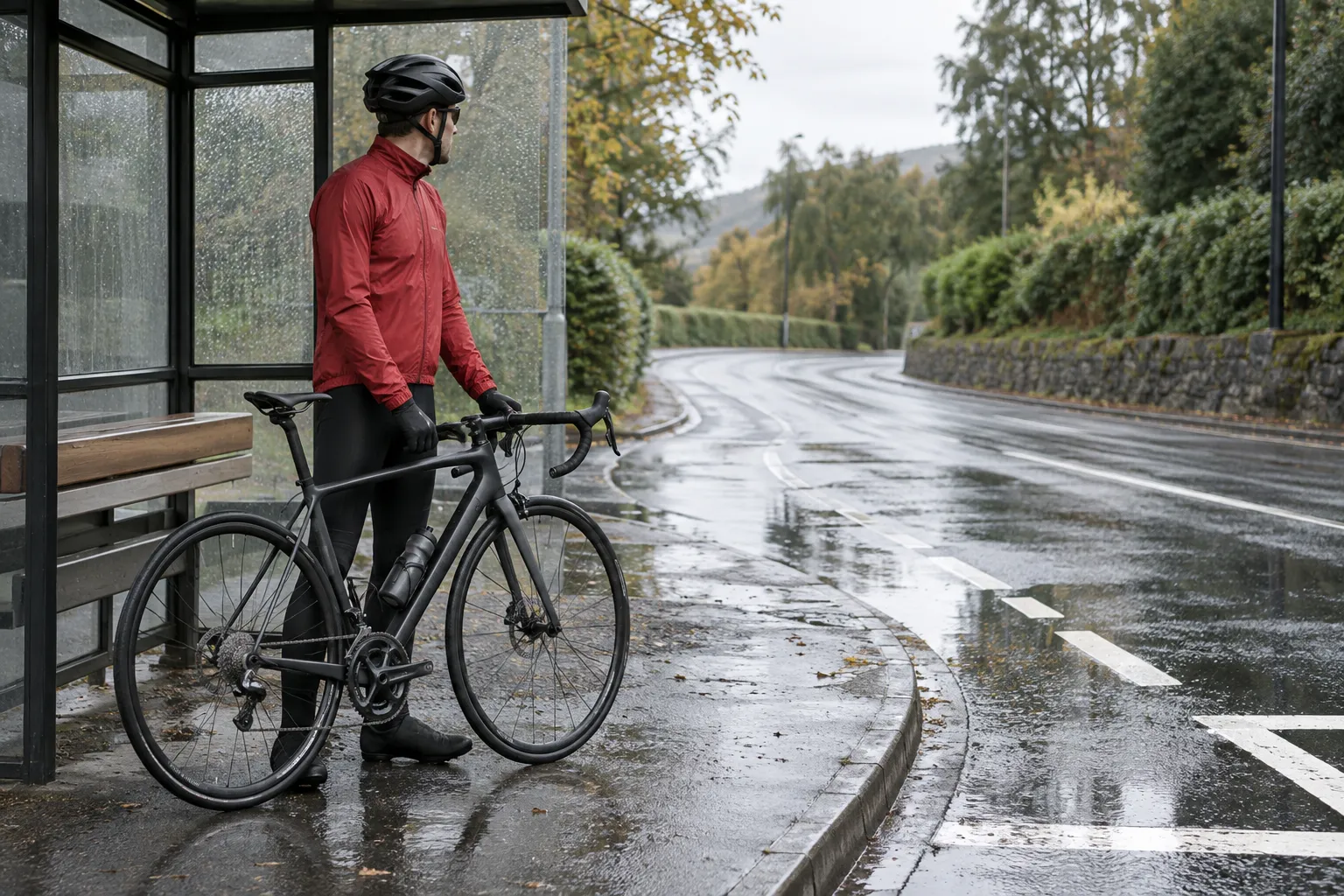 A road cyclist waits under a shelter beside a wet curved road with puddles and painted markings visible